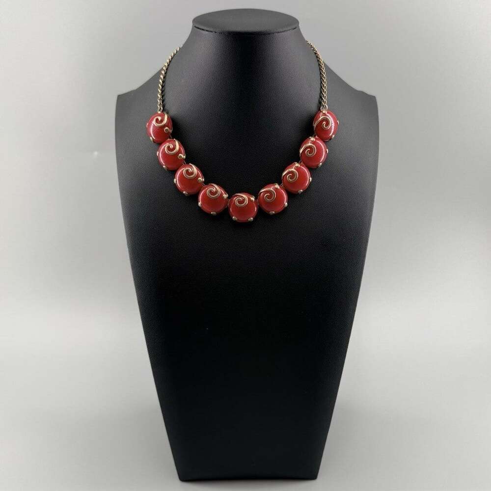Vintage Art Deco Revival Red Round Cabochon Gold Tone Swirl Choker Necklace